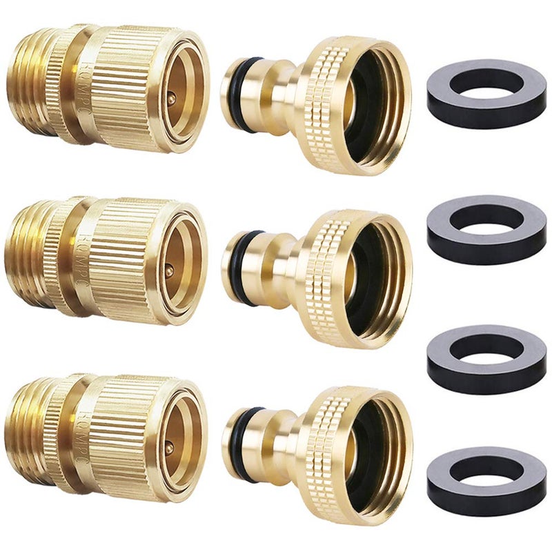 HQMPC Garden Hose Quick Connector Water Hose Quick Connect  inch GHT Brass Easy Connect Fitting Quick Connect Hose Fittings Garden Hose Fitting Water Hose Connectors (3SETS) - Image 1